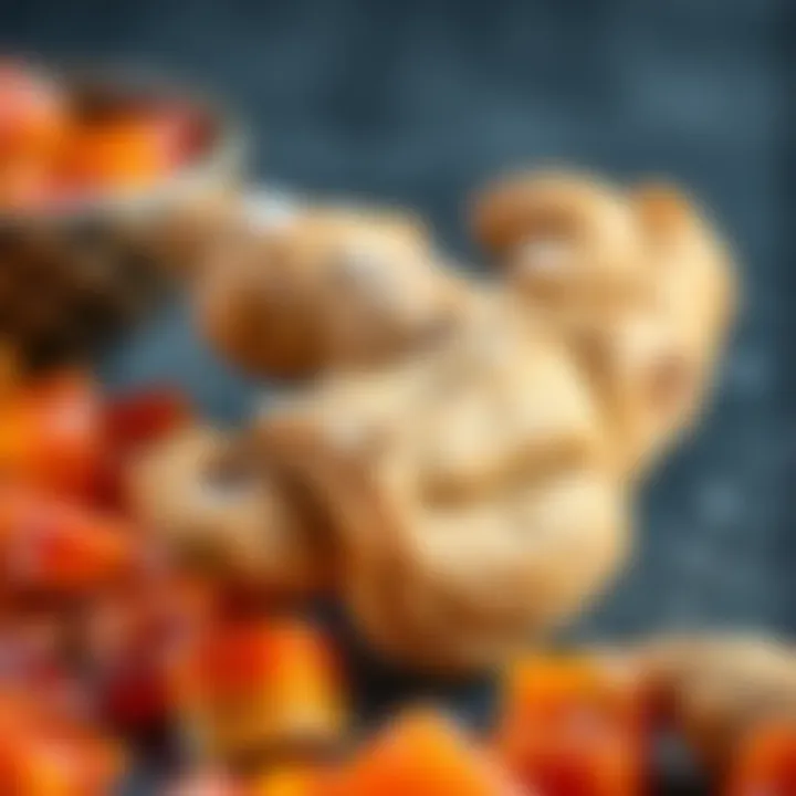 Ginger Root and Its Candied Form Close-up of ginger root and candy pieces