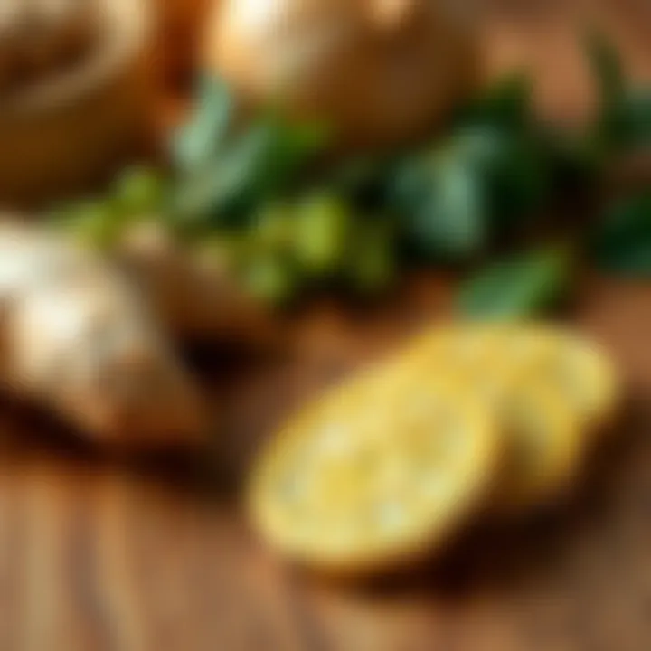 Fresh Ingredients for Health A close-up of ginger slices on a wooden surface