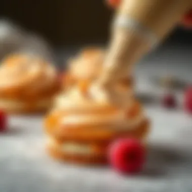 Artful Application of Pastry Cream A close-up of a pastry cream being piped onto a delicate dessert