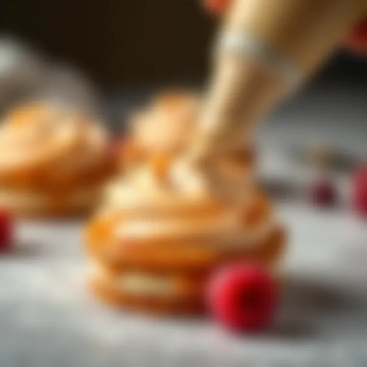 Artful Application of Pastry Cream A close-up of a pastry cream being piped onto a delicate dessert