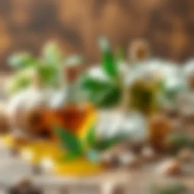 A serene setting with garlic oil and herbal ingredients arranged aesthetically