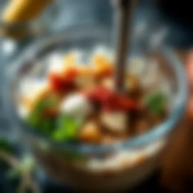 Close-up of ingredients being blended in a mixing bowl