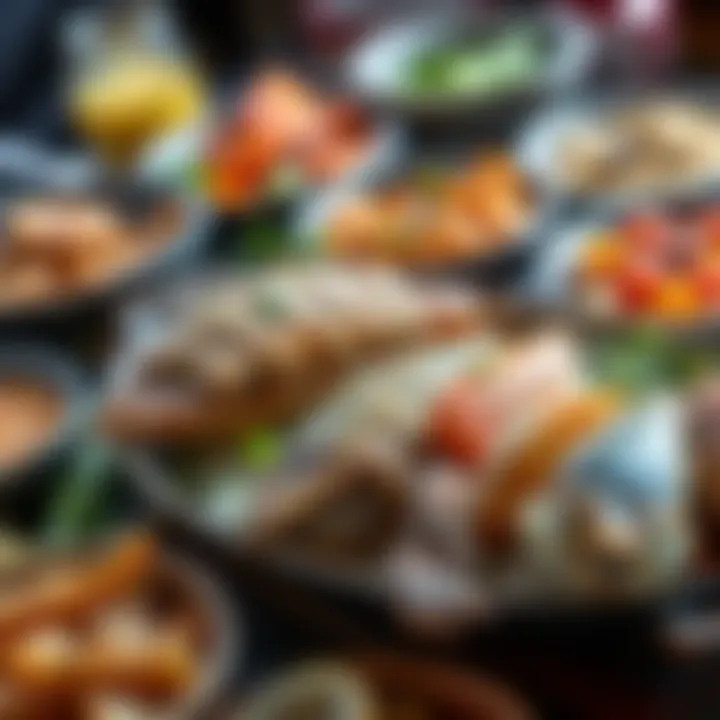 A traditional Islamic meal showcasing various seafood dishes