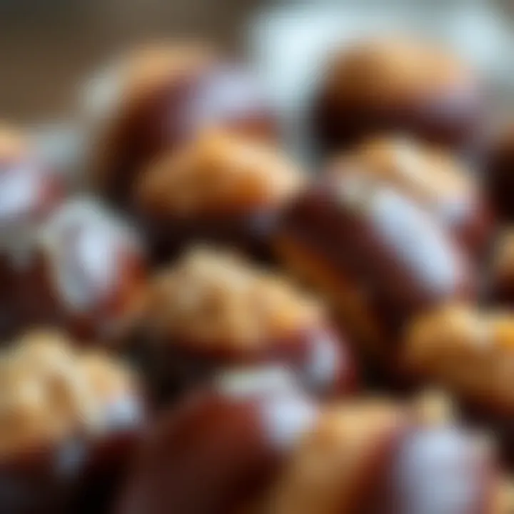 Close-up of glossy, candied chestnuts