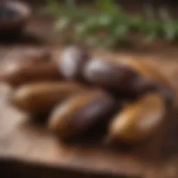 Close-up of carob pods on a wooden surface