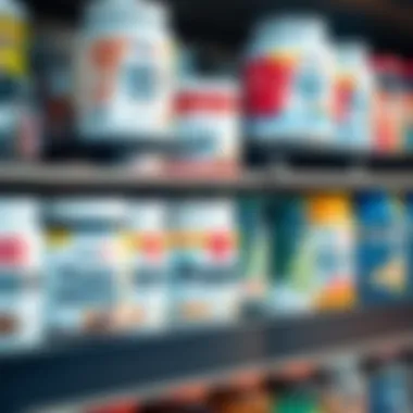 Various types of protein powder containers on a shelf