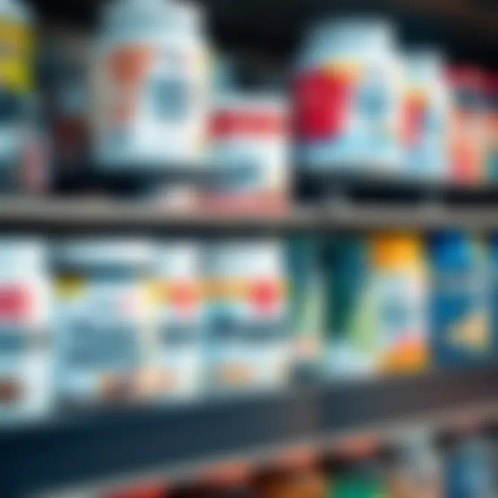 Various types of protein powder containers on a shelf