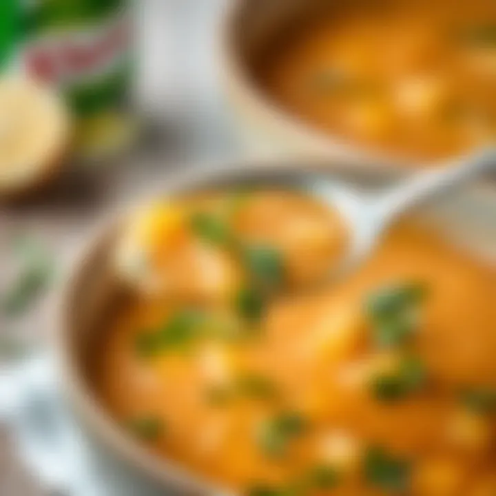 A close-up of a spoonful of Knorr soup garnished with herbs