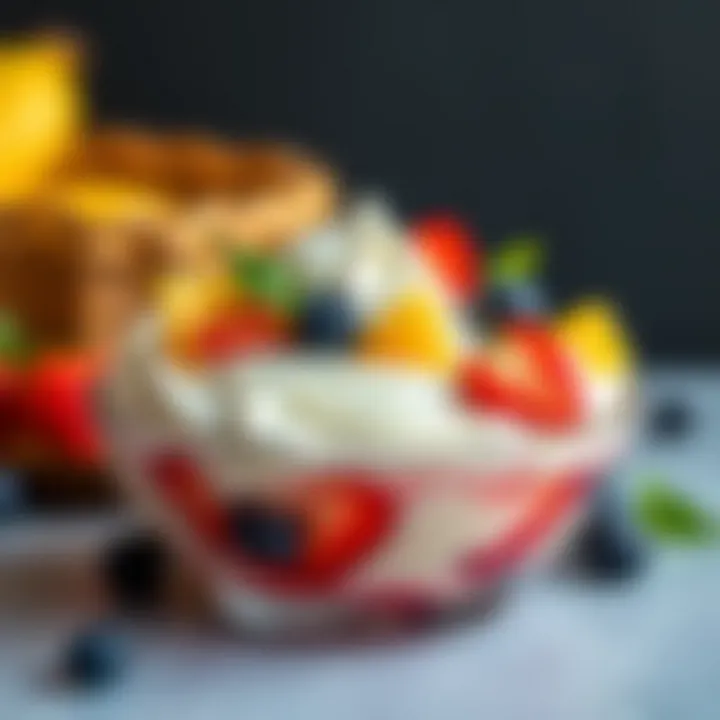 A delightful bowl filled with whipped cream topped with fresh fruits