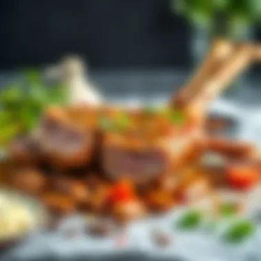 A close-up view of marinated lamb shank with spices and herbs