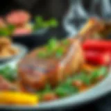 A beautifully arranged plate of roasted lamb shank garnished with fresh herbs