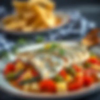 A beautifully plated Mediterranean sea bass dish garnished with vegetables