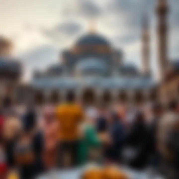 A view of a mosque with people gathered for iftar