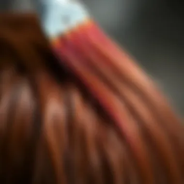 Close-up of organic hair dye application on hair strands.