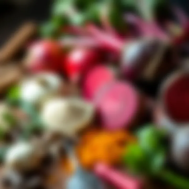 An assortment of fresh beets and spices used in the pickling process