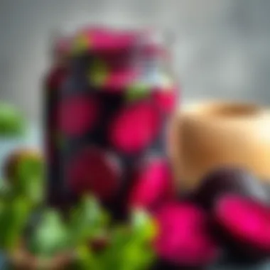 A close-up of a glass jar filled with pickled beets, highlighting the pickling brine