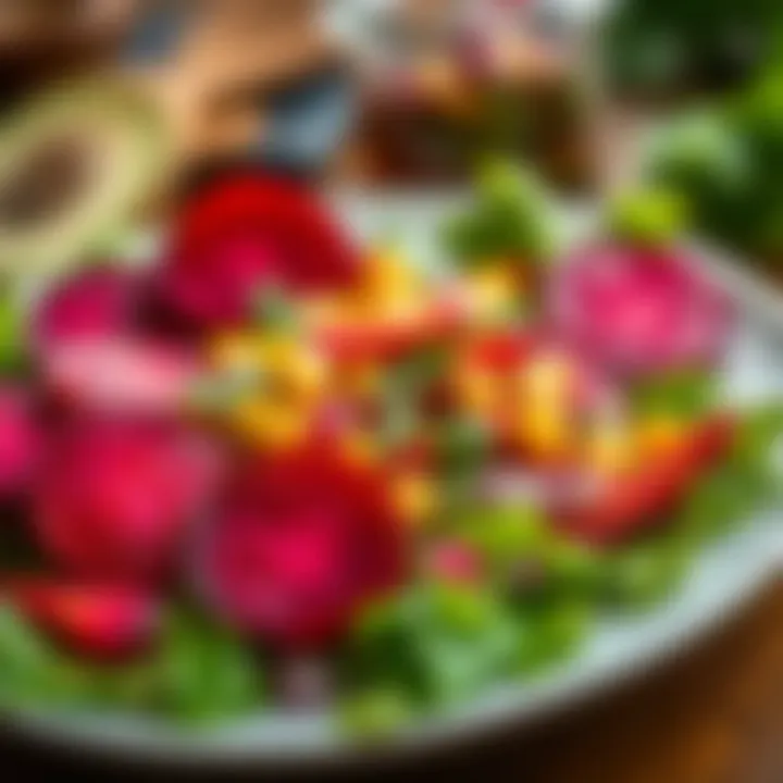 A healthy meal featuring pickled beets as a colorful garnish on a salad