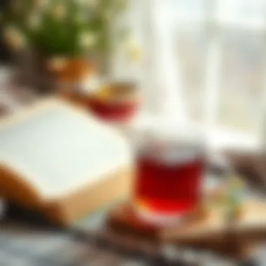 A cozy setting with a book and a steaming cup of chamomile tea.