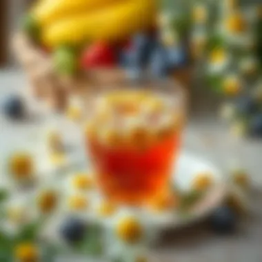 A healthy lifestyle depiction with chamomile tea and fresh fruits.