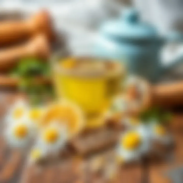 Ingredients of chamomile tea displayed on a wooden table.
