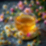 A serene cup of chamomile tea with fresh flowers surrounding it.