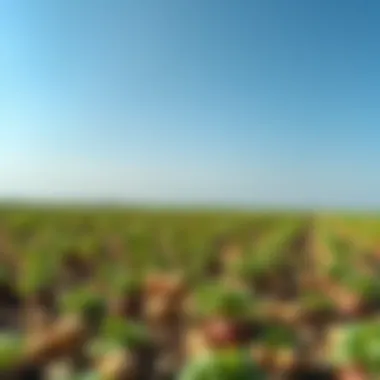 A vibrant potato field under a clear blue sky, showcasing the beauty of agriculture