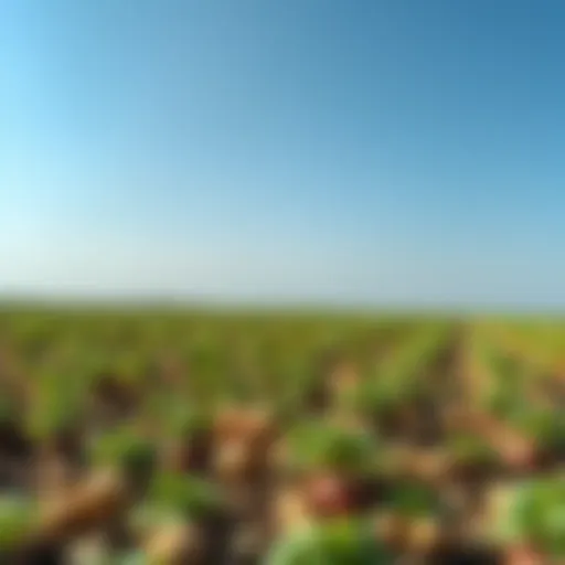 A vibrant potato field under a clear blue sky, showcasing the beauty of agriculture