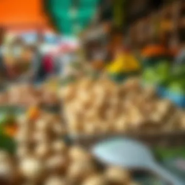 A seasonal market bustling with fresh produce, highlighting the economic aspect of potato consumption