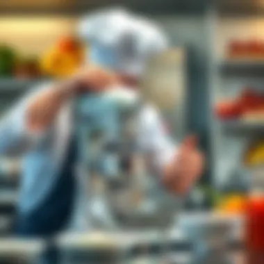 A professional chef demonstrating the use of a mixing machine