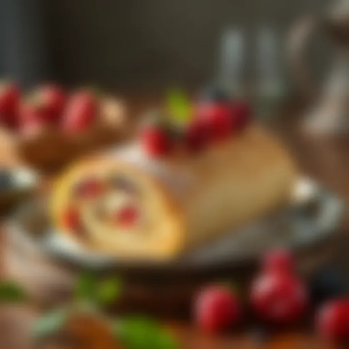Artistic Serving Idea for Rolled Cake An elegant serving suggestion for a rolled cake garnished with fruits