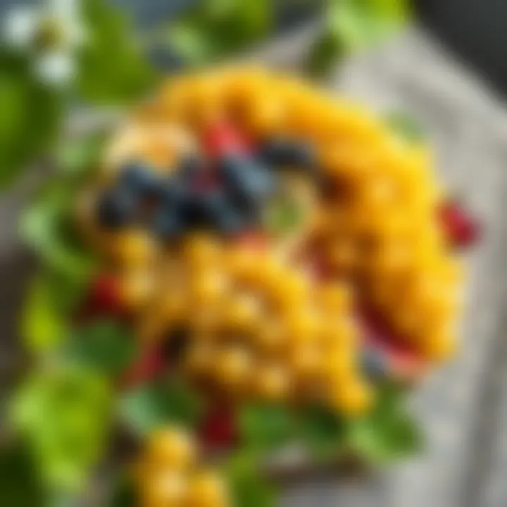 A beautifully arranged fruit platter featuring yellow grapes