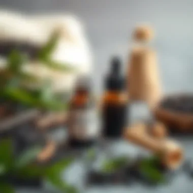 A serene skincare setup featuring black seed oil and natural elements