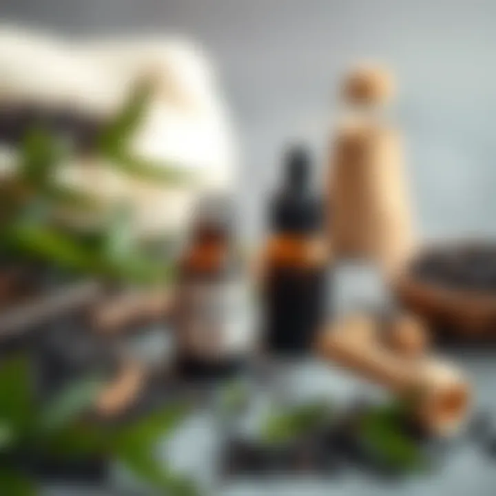 A serene skincare setup featuring black seed oil and natural elements