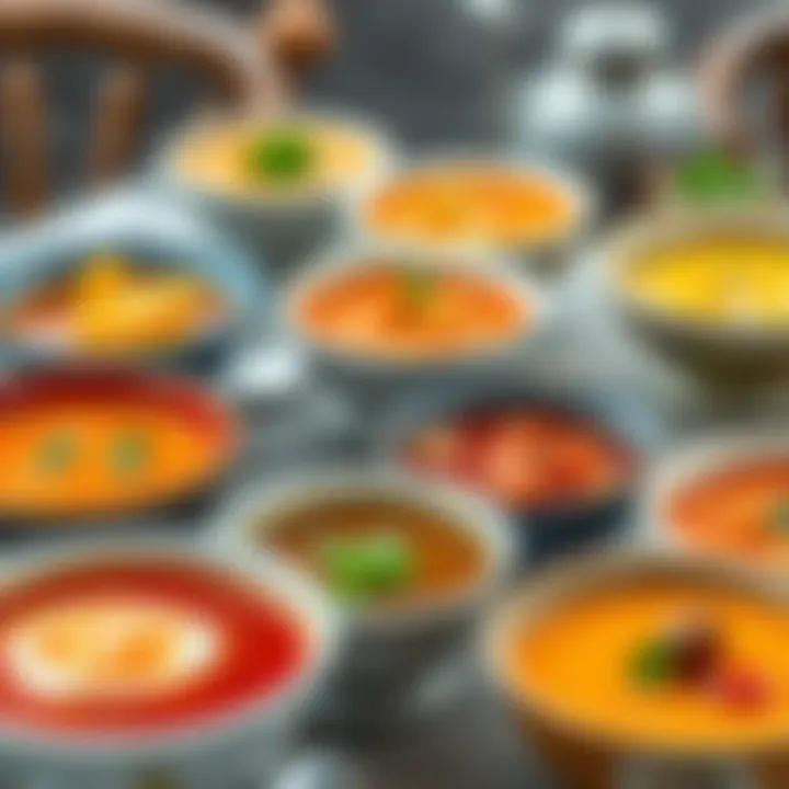 A colorful array of various soups in elegant bowls