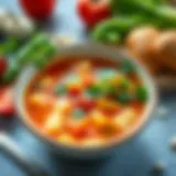 A vibrant bowl of vegetable soup showcasing fresh ingredients