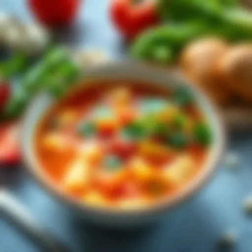 A vibrant bowl of vegetable soup showcasing fresh ingredients