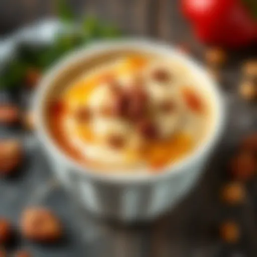 A bowl of semolina helva garnished with nuts and syrup