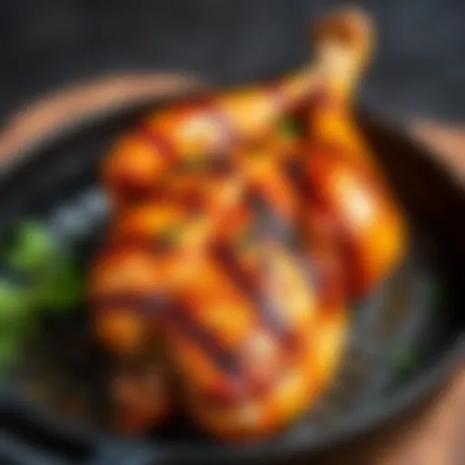 Delicious Grilled Chicken on Skillet A beautifully grilled chicken on a cast iron skillet with herbs