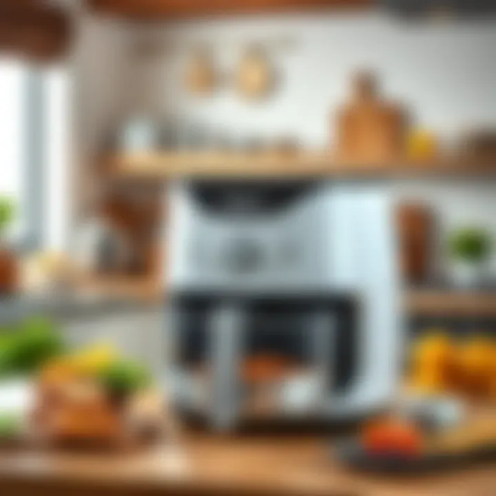 An overview of the Tefal Airfryer XXL in a kitchen setting, illustrating its space-saving design.