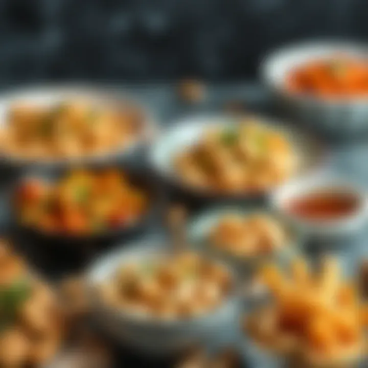 An assortment of dishes featuring salted peanuts as a garnish.