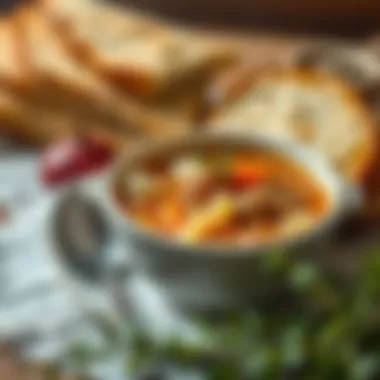 A warm bowl of cabbage soup served with a side of bread