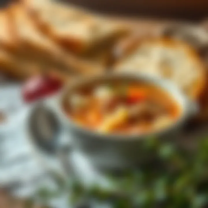 A warm bowl of cabbage soup served with a side of bread