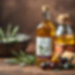 A bottle of premium olive oil with olives beside it